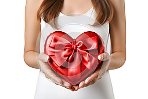 Female hands holding a heart-shaped gift.