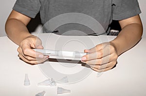 Female hands holding an insulin pen. Ozempic Insulin injection pen.