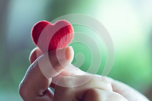 Female hands holding a little red heart, Valentine`s day concept