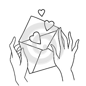 Female hands holding love letter. Valentines day envelope with hearts inside line art. Greeting card black and white