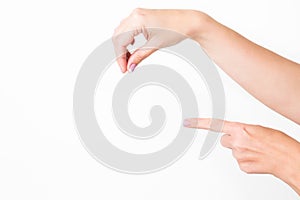 Female hands holding nothing isolated on white background