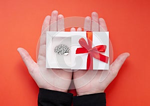 Female hands holding an opened white gift box with a steel model of a human brain inside and a red ribbon on the cover. Creative