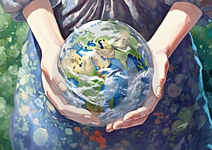 Female hands holding our beautiful planet earth globe.Watercolor illustration.Macro.AI Generative