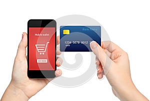 female hands holding phone and credit card making a onlain purchase