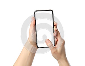 Female hands holding phone with empty screen, isolated on white