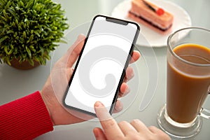 Female hands holding phone with isolated screen in a cafe