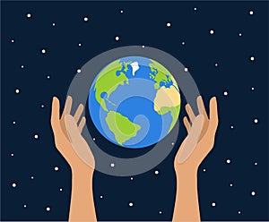 Female hands holding planet Earth on a blue starry space background. Earth day concept