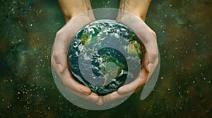 Female hands holding planet earth globe. Environmental ecology issues, save the world concept. AI Generated