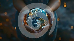 Female hands holding planet earth globe. Environmental ecology issues, save the world concept. AI Generated