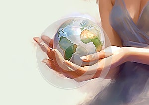 Female hands holding planet earth globe,save and protect our home concept.Watercolor illustration.Macro.AI Generative