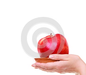 Female hands holding red apple healthy fruit isolated