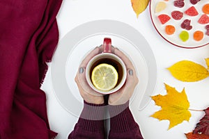 Female hands holding red cup of tee with limon slices. Seasonal autumn warming drink