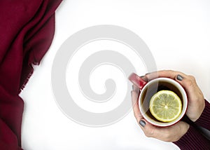 Female hands holding red cup of tee with limon slices. Seasonal autumn or winter warming drink. Christmas card