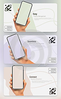 Female hands holding a smartphone with a blank screen ready for your mobile app placement. Templates feature QR codes,