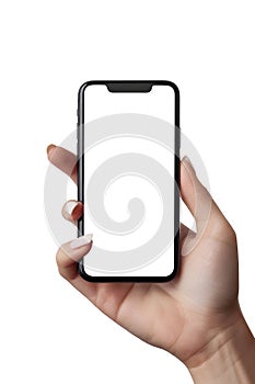 Female Hands Holding a Smartphone with White Display Isolated on White Background for Mockup and Technology