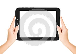 Female hands holding a tablet touch computer gadget with