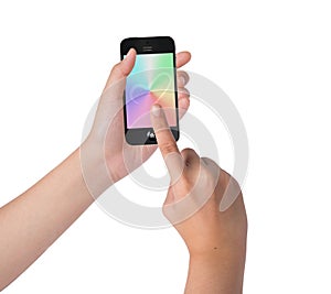 Female hands holding and touching on smart phone
