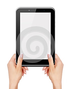 Female hands holding and touching on tablet pc isolated