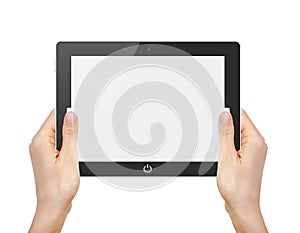 Female hands holding and touching on tablet pc on white