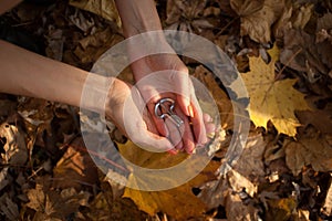 Female hands are holding traditional hutsul drymba or jew`s-harp, the oldest musician instrument in the world on fallen