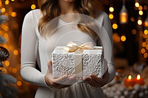 Female hands holding white gift box with christmas lights background. Winter new year card