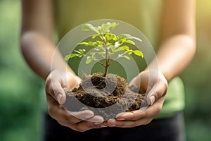 Female hands holding young plant and green background earth day