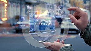 Female hands interact HUD hologram Customer engagement