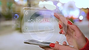 Female hands interact HUD hologram Holography
