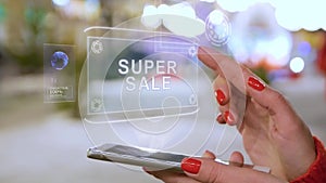 Female hands interact HUD hologram Super sale