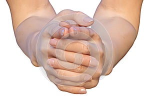 Female hands with interlocked fingers