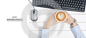 Female hands keyboard mouse from computer cup of coffee pattern