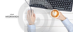 Female hands keyboard mouse from computer cup of coffee pattern