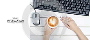 Female hands keyboard mouse from computer cup of coffee pattern