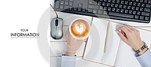 Female hands keyboard mouse from computer notebook pen cup of coffee pattern