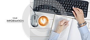 Female hands keyboard mouse from computer notebook pen cup of coffee pattern