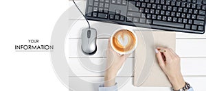 Female hands keyboard mouse from computer notebook pen cup of coffee pattern