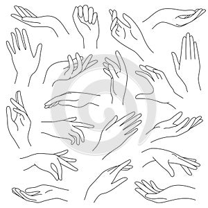 Female hands line. Outline elegant woman hand gestures. Beautiful palm and fingers icons in one line fashion minimalist