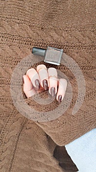 Female hands with long nails with brown nail polish