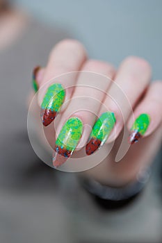 Female hands with long nails and green and brown manicure