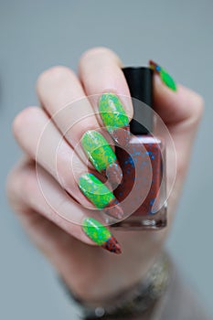 Female hands with long nails and green and brown manicure