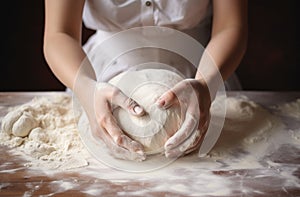 Female hands making dough. Hands kneading bread dough on a cutting board