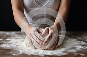 Female hands making dough. Hands kneading bread dough on a cutting board