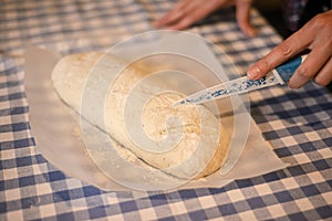 Female hands making yeast pizza dough, kneading dough for homemade bread,