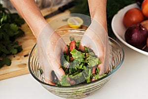 Female hands mixing vegetarian salad in the bowl