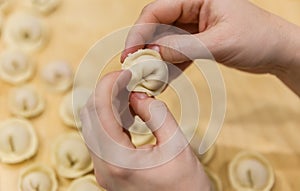 Female hands mold dumplings