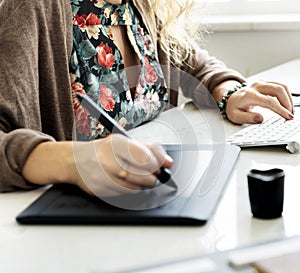 Female Hands Mousepad Keyboard Desk Concept