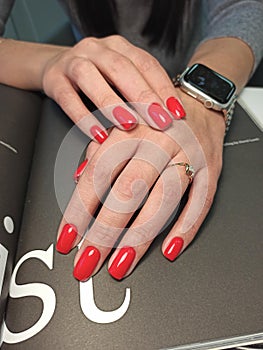 Female hands with nail design. Manicure and Hands Spa. . Beauty treatment. Beautiful woman`s nails with beautiful baby boomer mani