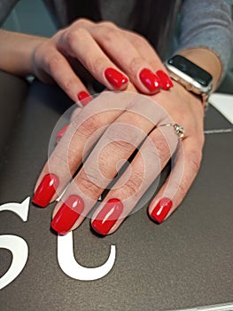 Female hands with nail design. Manicure and Hands Spa. . Beauty treatment. Beautiful woman`s nails with beautiful baby boomer mani