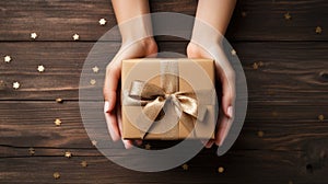 Female hands with neutral manicure holding a hold a gift box in a craft packing paper with a golden bow on a wooden background.