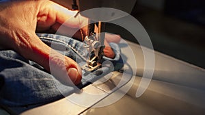 Female hands on an old sewing machine sew denim. Close-up